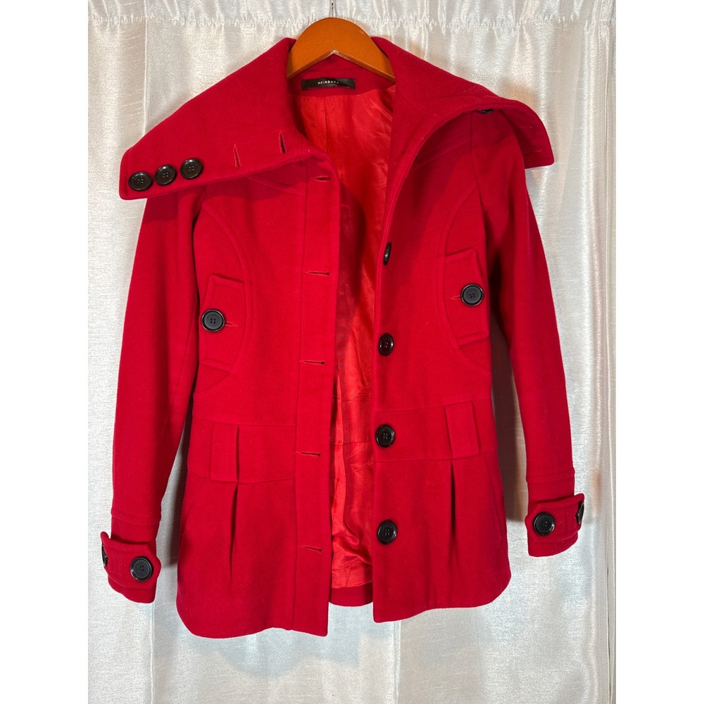 Akiabara Red Wool Blend‎ Pea Coat Jacket Button Up Elegant Winter Outerwear